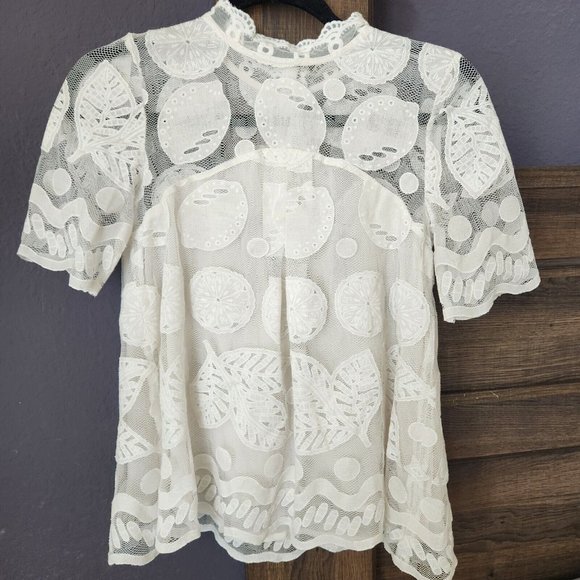 Anthropologie Tops - Anthropologie HD In Paris Lemon Lily Cream Lace Short Sleeve Blouse Size 0 White